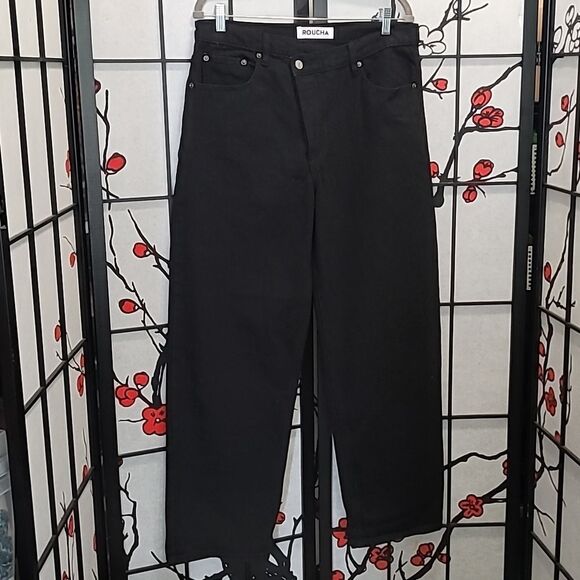 Roucha Wide Leg Jeans Black High-Rise Button Closure - Picture 3 of 10